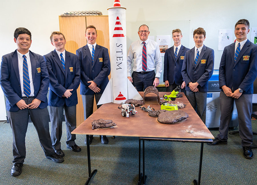 De La Salle Catholic College Caringbah Year 9 STEM students Gerry Reyes, Brayden Henniker, Nicolas Bambacas, Matthew Nunn, John Ganter and Damien Stassi with STEM teacher Dominic Ritchie.