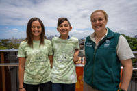 Zac Zieba with his mother and Taronga Zoo education officer Georgie Cairns