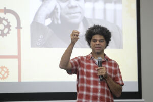 Poet Miles Merrill presents at the State Library of NSW.