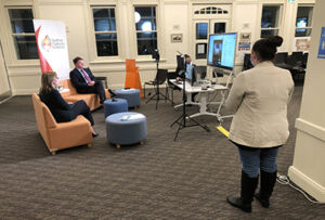 Sydney Catholic Schools' Chief of Staff, Dr Jacqueline Frost, and Executive Director, Tony Farley, interact with parents during a Facebook Live Q&A